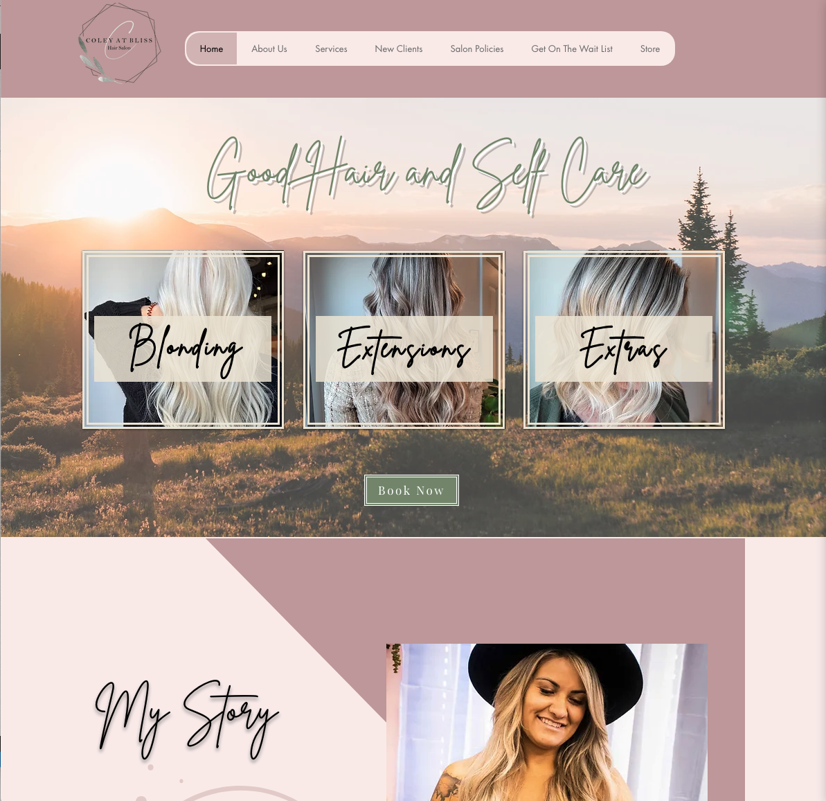 Front homepage of Coley Ortega Hair Stylist site with salmon and white coloring.